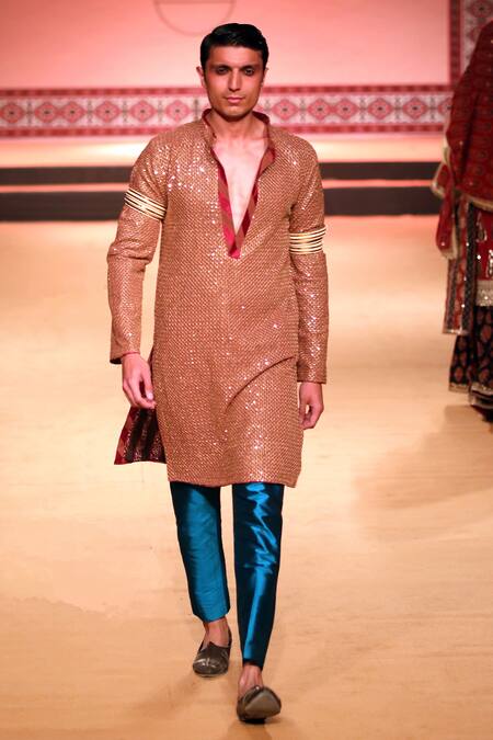 Nitya Bajaj_Gold Georgette Embroidery Sequin Work Kurta Set _Online_at_Aza_Fashions