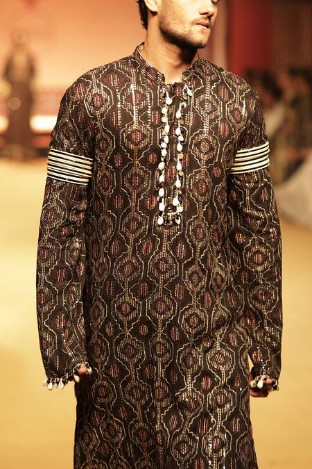 Buy Nitya Bajaj Black Rayon Cotton Hand Block Printed Sequin Embroidered Kurta Set Online at Aza Fashions Buy_Nitya Bajaj_Black Rayon Cotton Hand Block Printed Sequin Embroidered Kurta Set _Online_at_Aza_Fashions