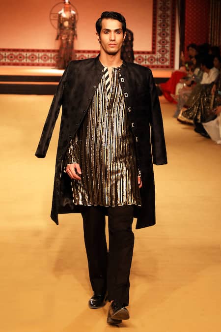 Shop Nitya Bajaj Black Georgette Embroidery Sequin Stripe Kurta Set at Aza Fashions Shop_Nitya Bajaj_Black Georgette Embroidery Sequin Stripe Kurta Set _at_Aza_Fashions