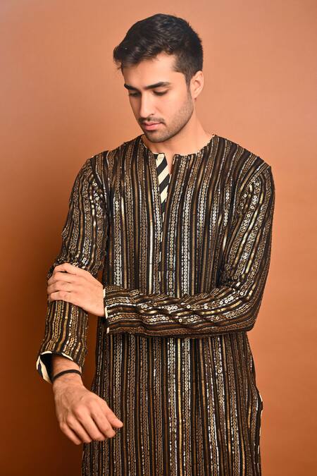 Nitya Bajaj Black Georgette Embroidery Sequin Stripe Kurta Set Online at Aza Fashions Nitya Bajaj_Black Georgette Embroidery Sequin Stripe Kurta Set _Online_at_Aza_Fashions