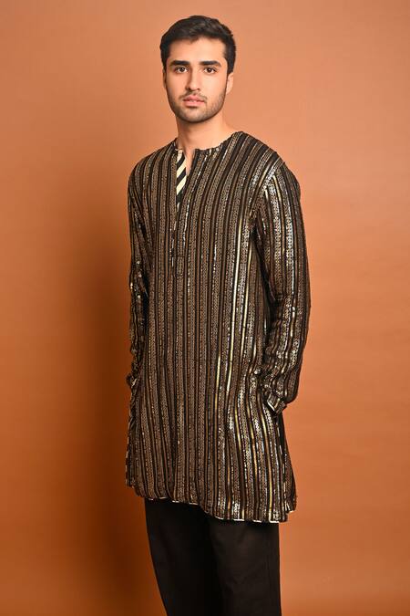 Buy Nitya Bajaj Black Georgette Embroidery Sequin Stripe Kurta Set Online at Aza Fashions Buy_Nitya Bajaj_Black Georgette Embroidery Sequin Stripe Kurta Set _Online_at_Aza_Fashions