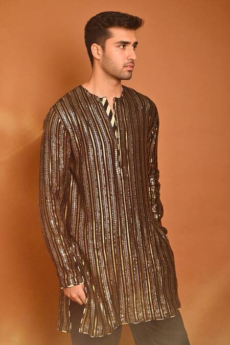 Shop Nitya Bajaj Black Georgette Embroidery Sequin Stripe Kurta Set Online at Aza Fashions Shop_Nitya Bajaj_Black Georgette Embroidery Sequin Stripe Kurta Set _Online_at_Aza_Fashions