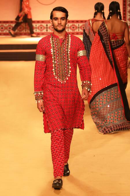 Buy Nitya Bajaj Red Cotton Hand Block Printed Ajrakh Kurta Set Buy_Nitya Bajaj_Red Cotton Hand Block Printed Ajrakh Kurta Set