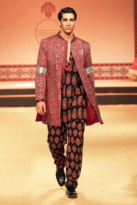 Shop Nitya Bajaj Maroon Cotton Hand Block Printed Ajrakh Sherwani Set at Aza Fashions Shop_Nitya Bajaj_Maroon Cotton Hand Block Printed Ajrakh Sherwani Set _at_Aza_Fashions