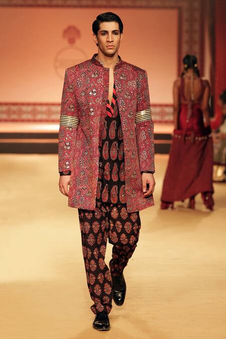Nitya Bajaj Maroon Cotton Hand Block Printed Ajrakh Sherwani Set Online at Aza Fashions Nitya Bajaj_Maroon Cotton Hand Block Printed Ajrakh Sherwani Set _Online_at_Aza_Fashions