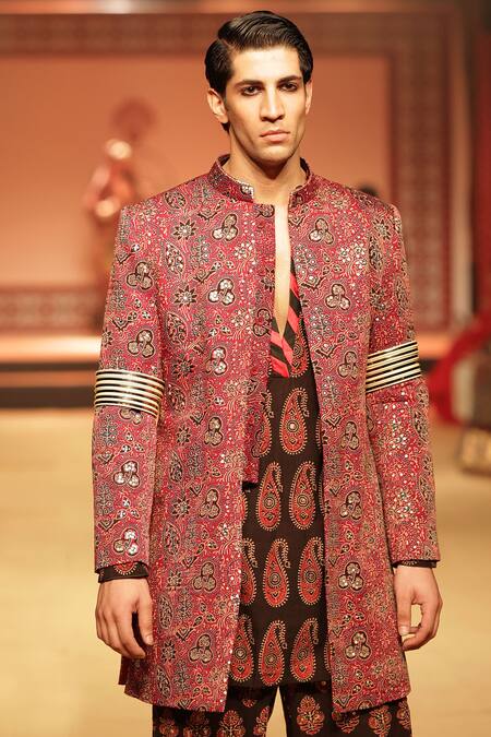 Buy_Nitya Bajaj_Maroon Cotton Hand Block Printed Ajrakh Sherwani Set _Online_at_Aza_Fashions
