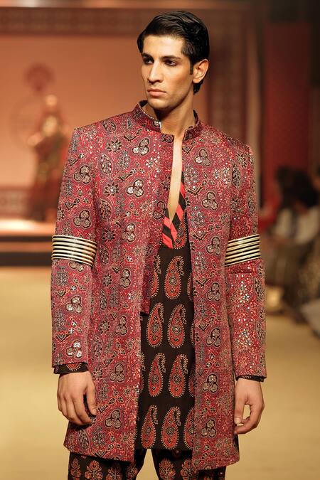 Shop Nitya Bajaj Maroon Cotton Hand Block Printed Ajrakh Sherwani Set Online at Aza Fashions Shop_Nitya Bajaj_Maroon Cotton Hand Block Printed Ajrakh Sherwani Set _Online_at_Aza_Fashions