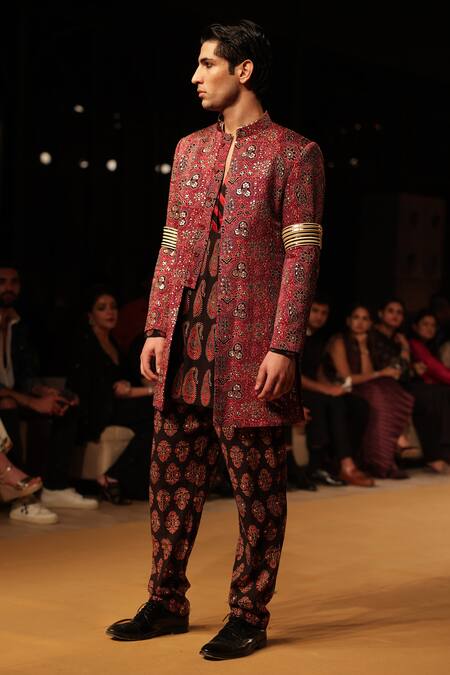 Nitya Bajaj Maroon Cotton Hand Block Printed Ajrakh Sherwani Set at Aza Fashions Nitya Bajaj_Maroon Cotton Hand Block Printed Ajrakh Sherwani Set _at_Aza_Fashions