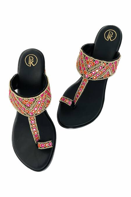 Shop_Preet Kaur_Black Embroidery Chandni Kolhapuri Heels 