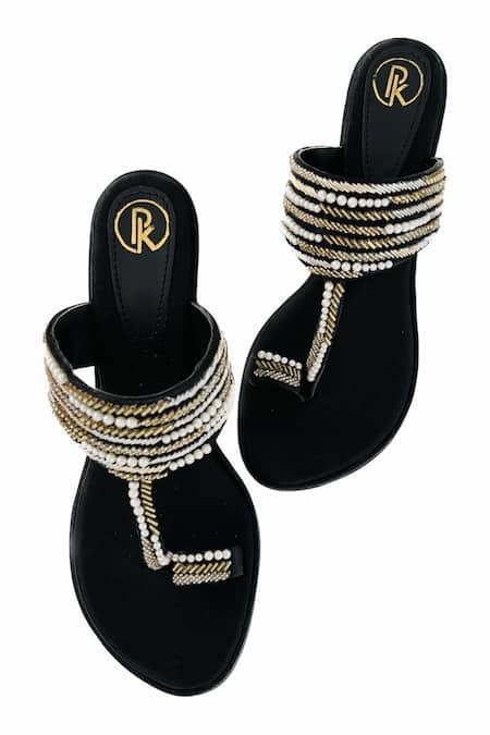 Shop_Preet Kaur_Black Embroidery Aaina Kolhapuri Heels 
