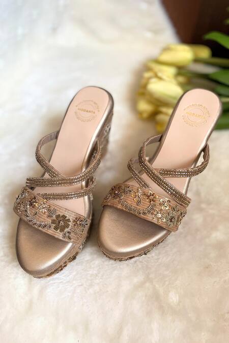 Buy Modanta Footwear Gold Embroidery Antique Floral Wedges Online at Aza Fashions Buy_Modanta Footwear_Gold Embroidery Antique Floral Wedges_Online_at_Aza_Fashions