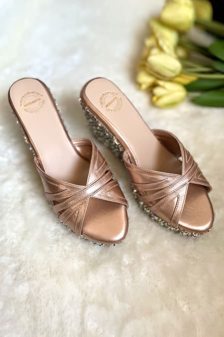 Shop Modanta Footwear Pink Sequins Floral Embellished Wedges Online at Aza Fashions Shop_Modanta Footwear_Pink Sequins Floral Embellished Wedges _Online_at_Aza_Fashions