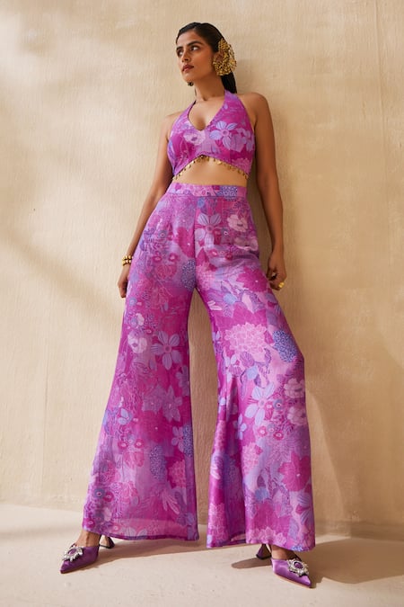 Ankita Dharman_Purple Silk, Lurex Embroidery Open Neck, Deep Rhythm Solid Jacket Pant Set _at_Aza_Fashions