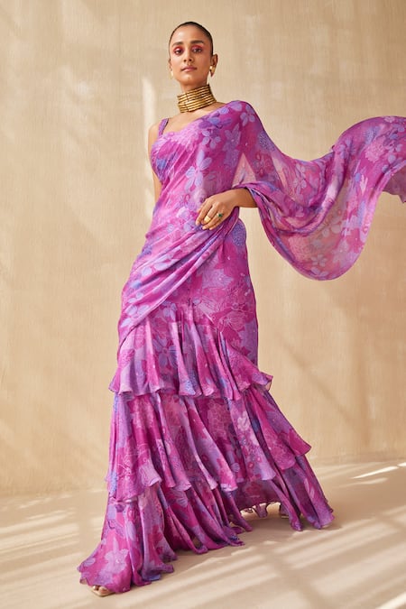 Shop_Ankita Dharman_Purple Chiffon Embroidery Deep Rhythm Pre-draped Ruffle Saree With Blouse_Online_at_Aza_Fashions