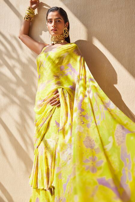 Shop_Ankita Dharman_Green Lurex, Cotton Embroidery Mellow Dream Pre-draped Ruffle Saree With Blouse_Online_at_Aza_Fashions