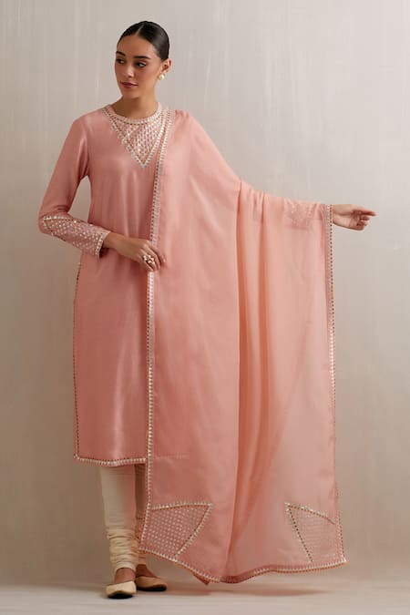 Priyal Prakash Peach Chanderi, Cotton, Viscose, Organza Embroidery, Sequins, Zari Kurta Set at Aza Fashions Priyal Prakash_Peach Chanderi, Cotton, Viscose, Organza Embroidery, Sequins, Zari Kurta Set _at_Aza_Fashions