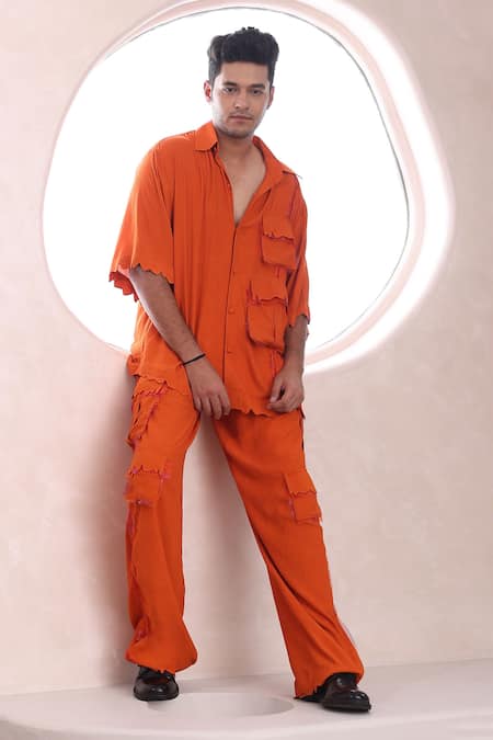 Mahima Mahajan Orange Moss Crepe Plain Ahil Button Down Shirt And Pant Set 