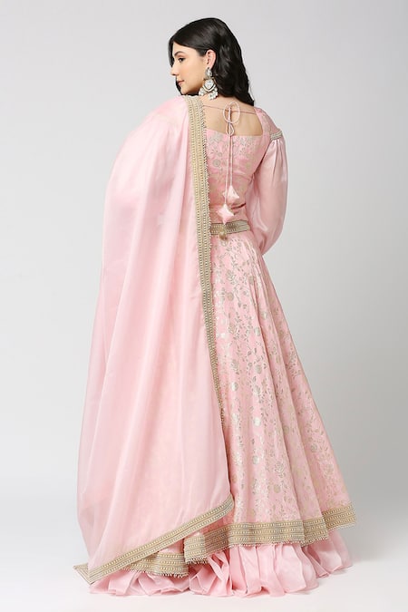 Shop Monk & Mei By Sonia Anand Pink Brocade, Chiffon Pearls Petunia Bloom Jaal Pattern Lehenga Blouse Set at Aza Fashions Shop_Monk & Mei By Sonia Anand_Pink Brocade, Chiffon Pearls Petunia Bloom Jaal Pattern Lehenga Blouse Set _at_Aza_Fashions