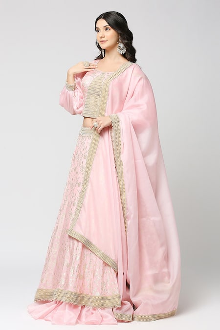 Monk & Mei By Sonia Anand Pink Brocade, Chiffon Pearls Petunia Bloom Jaal Pattern Lehenga Blouse Set Online at Aza Fashions Monk & Mei By Sonia Anand_Pink Brocade, Chiffon Pearls Petunia Bloom Jaal Pattern Lehenga Blouse Set _Online_at_Aza_Fashions