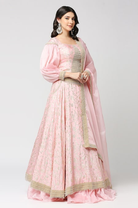 Shop Monk & Mei By Sonia Anand Pink Brocade, Chiffon Pearls Petunia Bloom Jaal Pattern Lehenga Blouse Set Online at Aza Fashions Shop_Monk & Mei By Sonia Anand_Pink Brocade, Chiffon Pearls Petunia Bloom Jaal Pattern Lehenga Blouse Set _Online_at_Aza_Fashions