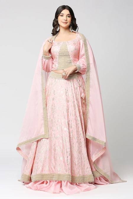 Monk & Mei By Sonia Anand Pink Brocade, Chiffon Pearls Petunia Bloom Jaal Pattern Lehenga Blouse Set at Aza Fashions Monk & Mei By Sonia Anand_Pink Brocade, Chiffon Pearls Petunia Bloom Jaal Pattern Lehenga Blouse Set _at_Aza_Fashions