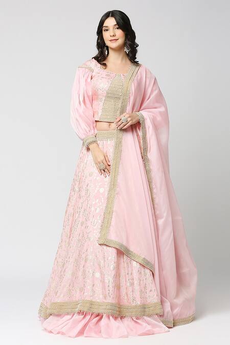 Buy Monk & Mei By Sonia Anand Pink Brocade, Chiffon Pearls Petunia Bloom Jaal Pattern Lehenga Blouse Set Buy_Monk & Mei By Sonia Anand_Pink Brocade, Chiffon Pearls Petunia Bloom Jaal Pattern Lehenga Blouse Set