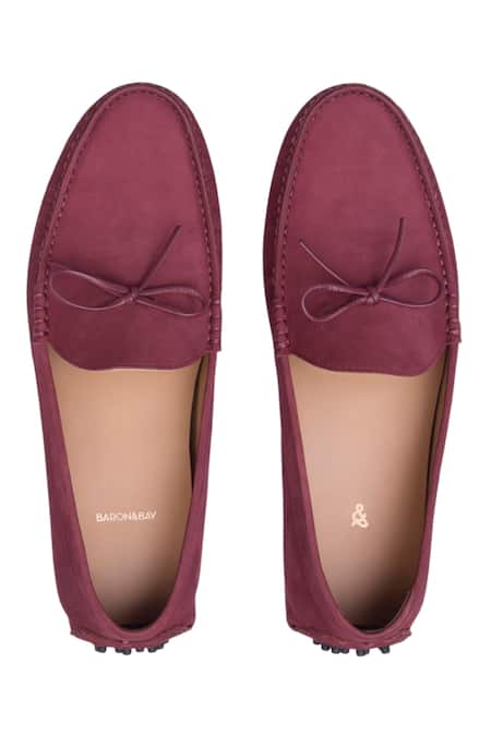 Shop_Baron & Bay_Maroon Designer Nubuck Leather Bow Shoes _at_Aza_Fashions