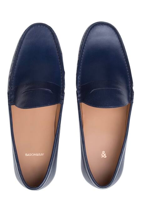 Shop_Baron & Bay_Blue Textured Arno Solid Penny Loafers  _at_Aza_Fashions
