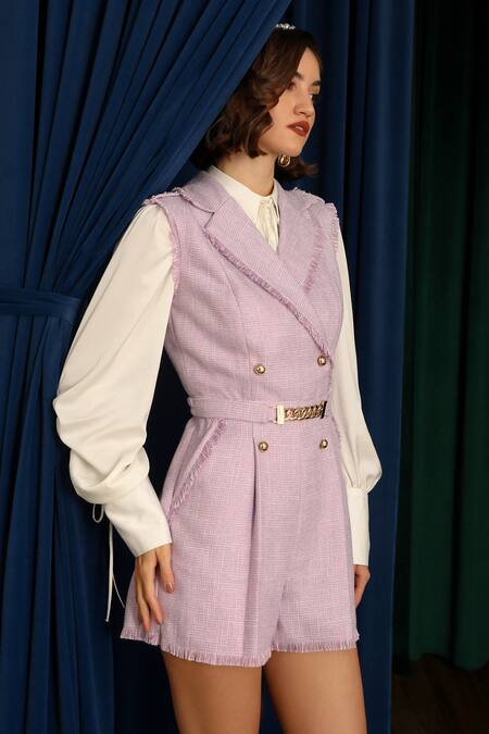 Shop_Label Deepika Nagpal_Purple Wool, Linen Buckles Collared Ariana Light Playsuit With Shirt_Online_at_Aza_Fashions