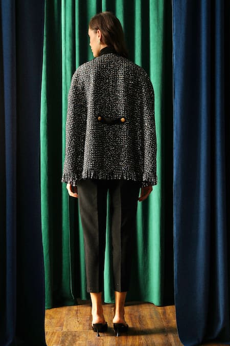 Shop_Label Deepika Nagpal_Black Keya Noire Tweed Cape _at_Aza_Fashions