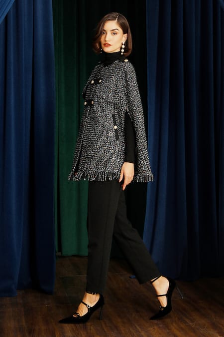 Label Deepika Nagpal_Black Keya Noire Tweed Cape _Online_at_Aza_Fashions