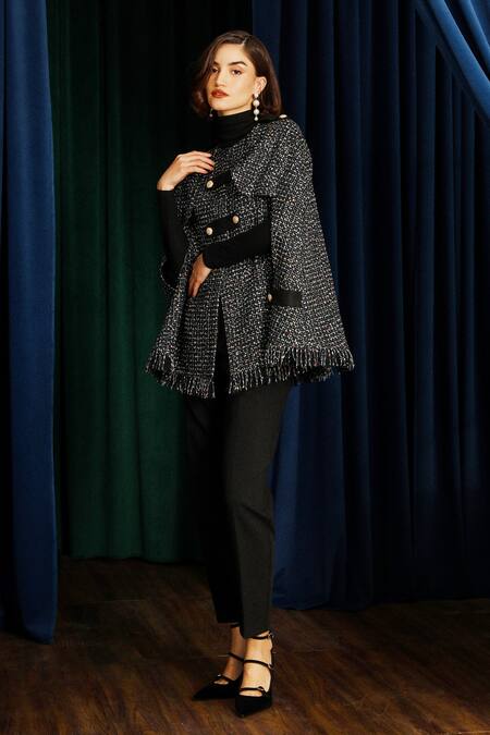 Shop_Label Deepika Nagpal_Black Keya Noire Tweed Cape _Online_at_Aza_Fashions