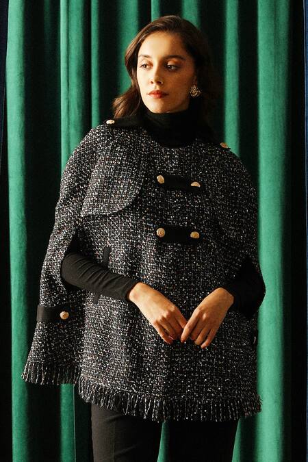 Label Deepika Nagpal_Black Keya Noire Tweed Cape _at_Aza_Fashions