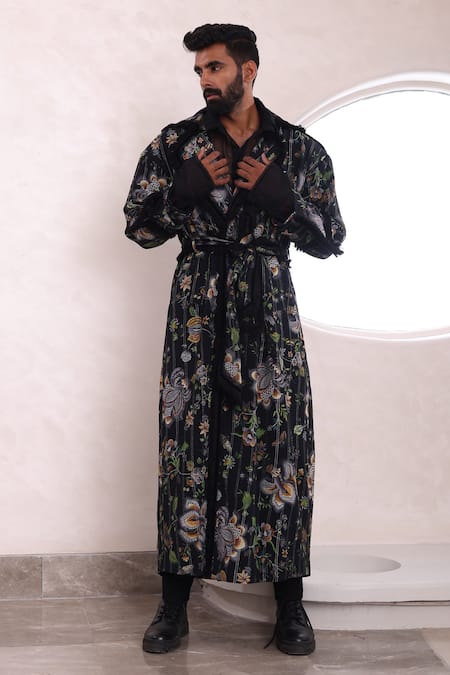 Mahima Mahajan Black Moss Crepe Musk Blossom Print Arin Trench Jacket 