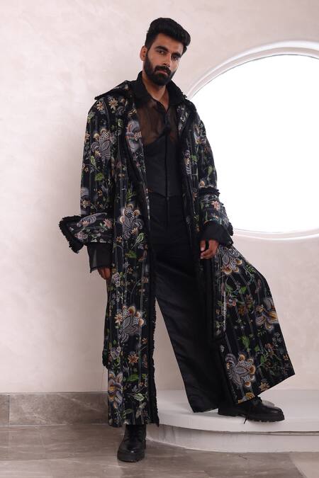 Mahima Mahajan_Black Organza, Modal, Cotton Fringe Arin Musk Blossom Print Trench Jacket _Online_at_Aza_Fashions