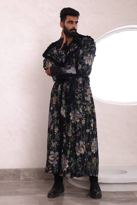 Buy_Mahima Mahajan_Black Organza, Modal, Cotton Fringe Arin Musk Blossom Print Trench Jacket _Online_at_Aza_Fashions