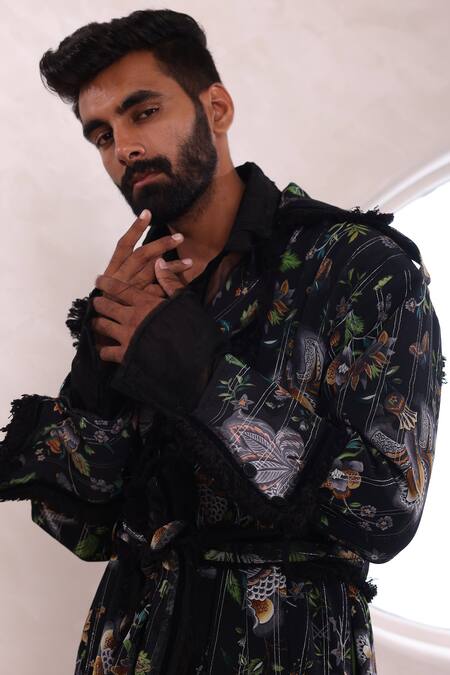 Shop_Mahima Mahajan_Black Organza, Modal, Cotton Fringe Arin Musk Blossom Print Trench Jacket _Online_at_Aza_Fashions