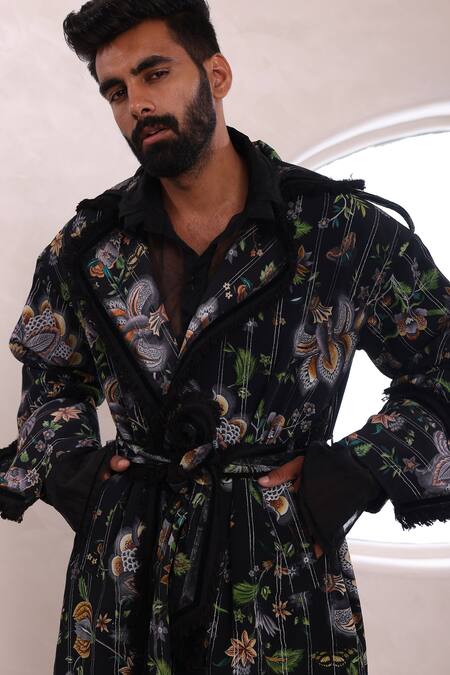 Mahima Mahajan_Black Organza, Modal, Cotton Fringe Arin Musk Blossom Print Trench Jacket _at_Aza_Fashions