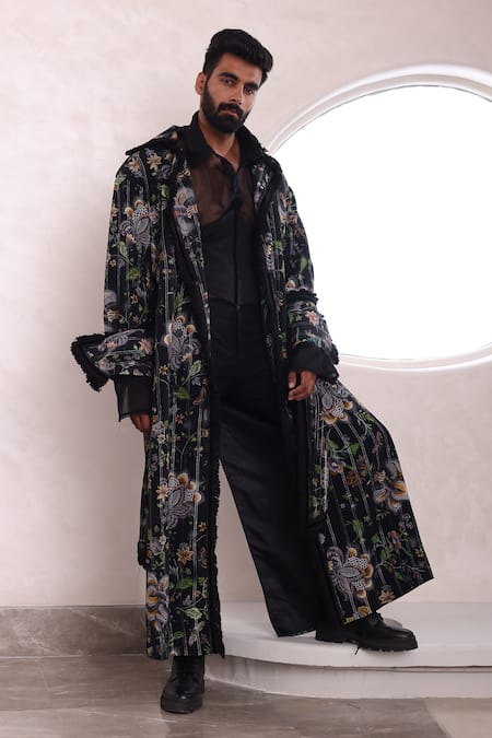 Mahima Mahajan_Black Organza, Cotton Aham Hazy Flora Burst Print Trench Jacket Pant Set _Online_at_Aza_Fashions