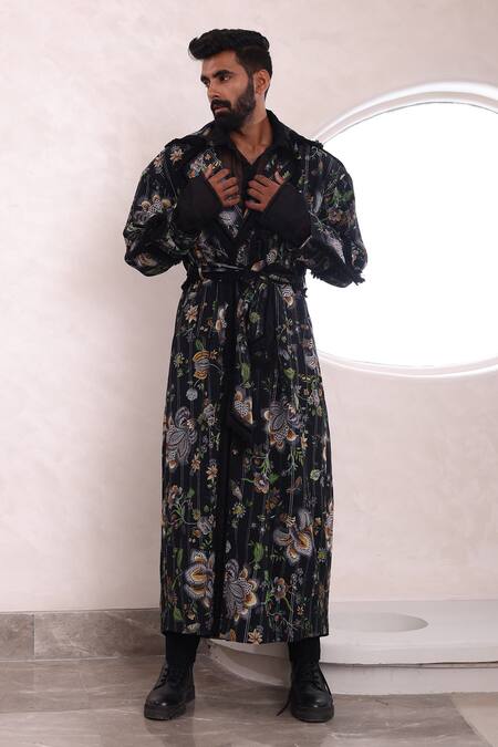 Buy_Mahima Mahajan_Black Organza, Cotton Aham Hazy Flora Burst Print Trench Jacket Pant Set _Online_at_Aza_Fashions