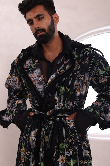Shop_Mahima Mahajan_Black Organza, Cotton Aham Hazy Flora Burst Print Trench Jacket Pant Set _Online_at_Aza_Fashions