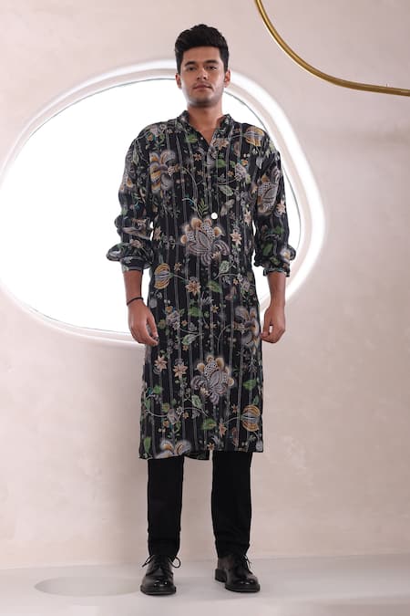 Mahima Mahajan_Black Organza, Cotton Aham Hazy Flora Burst Print Trench Jacket Pant Set _at_Aza_Fashions