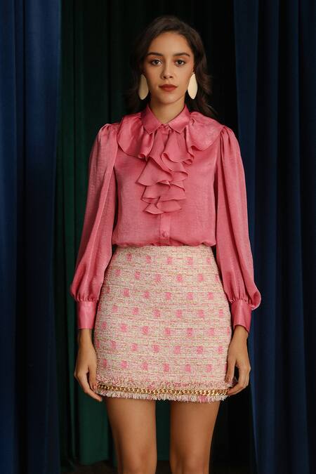 Buy_Label Deepika Nagpal_Pink Satin, Tweed, Taffeta Cara Barbie Blazer Skirt Set