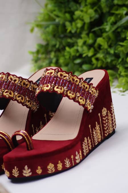 Shradha Hedau Footwear Couture_Maroon Embroidery Sayeja Cutdana Wedges _Online_at_Aza_Fashions