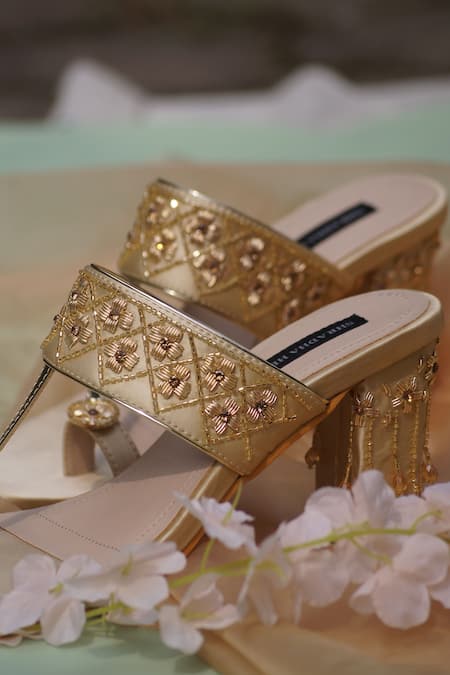 Shradha Hedau Footwear Couture_Gold Embellished Saoirse Strap Kolhapuri Block Heels _Online_at_Aza_Fashions