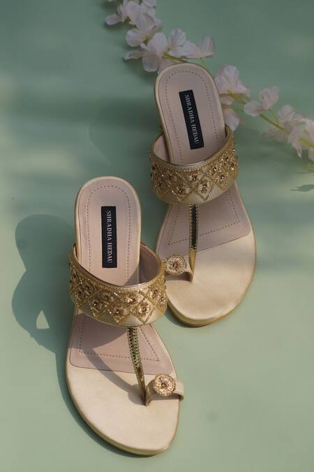 Buy_Shradha Hedau Footwear Couture_Gold Embellished Saoirse Strap Kolhapuri Block Heels _Online_at_Aza_Fashions