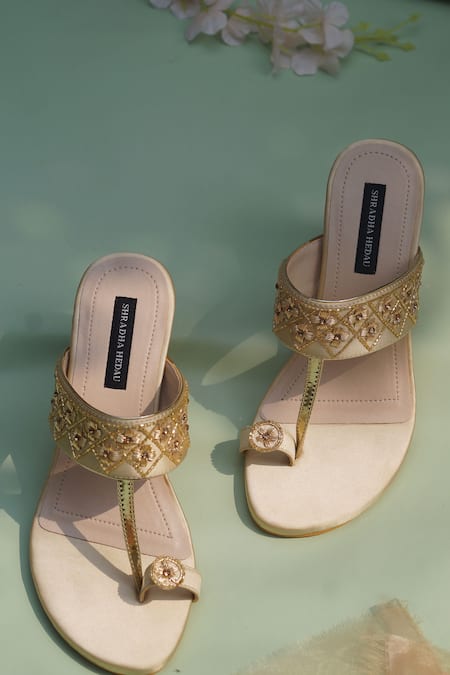 Shop_Shradha Hedau Footwear Couture_Gold Embellished Saoirse Strap Kolhapuri Block Heels _Online_at_Aza_Fashions