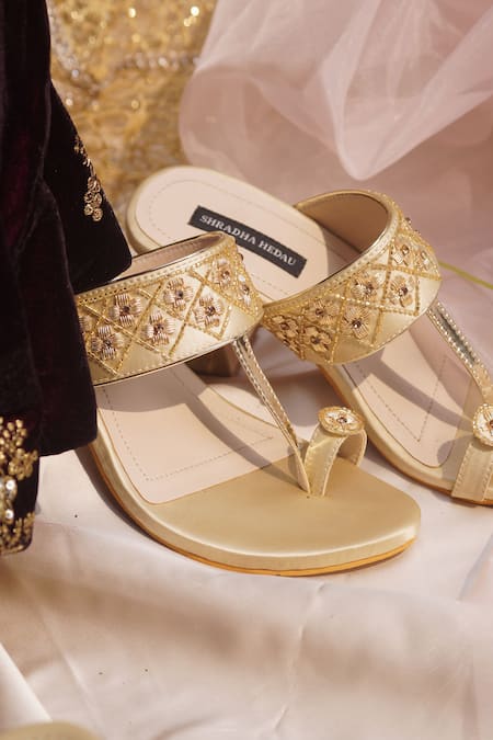 Shradha Hedau Footwear Couture_Gold Embellished Saoirse Strap Kolhapuri Block Heels _at_Aza_Fashions