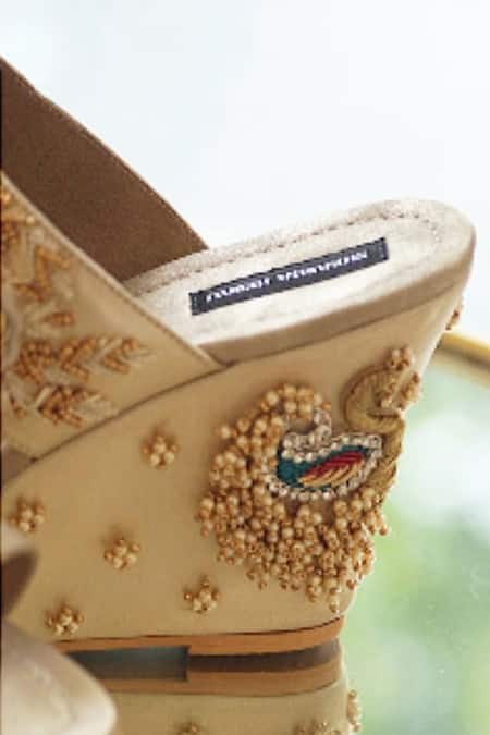 Shradha Hedau Footwear Couture_Gold Embroidery Hera Peacock Wedges _Online_at_Aza_Fashions