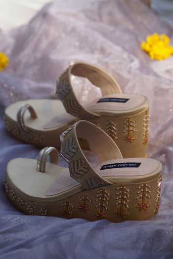 Shradha Hedau Footwear Couture Gold Embroidery Sitara Leaf Wedges Online at Aza Fashions Shradha Hedau Footwear Couture_Gold Embroidery Sitara Leaf Wedges _Online_at_Aza_Fashions